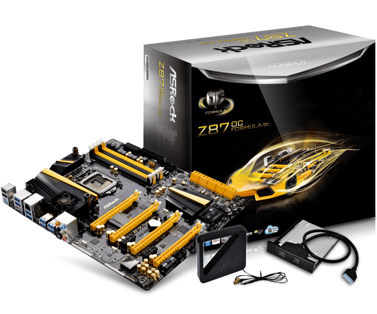 ASRock Z87 OC Formula/ac LGA1150 motherboard product package contents showing motherboard, retail box, accessory hub, and cables