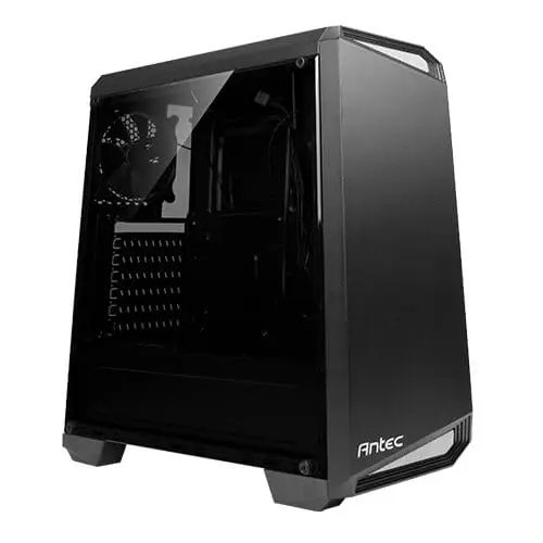 Antec NX100 zwart computer behuizing, voorkant met geopend zijpaneel, binnenkant zichtbaar