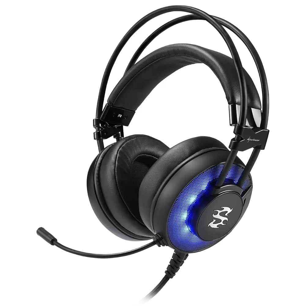 Sharkoon SKILLER SGH2 Gaming Headset front view with blue LED lighting on ear cups, detachable microphone, and black padded headband against white background