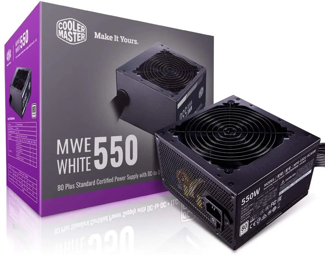 Cooler Master MWE550 White 230V - V2 power supply shown with packaging box and product unit displaying front fan and side panel with specifications