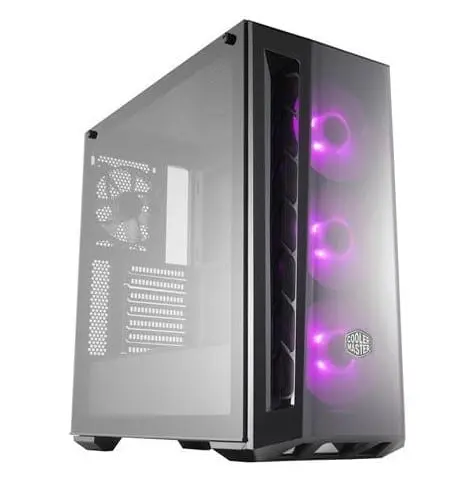 Cooler Master MB520 RGB Computer case front view with four illuminated RGB fans glowing purple and pink against a dark front panel