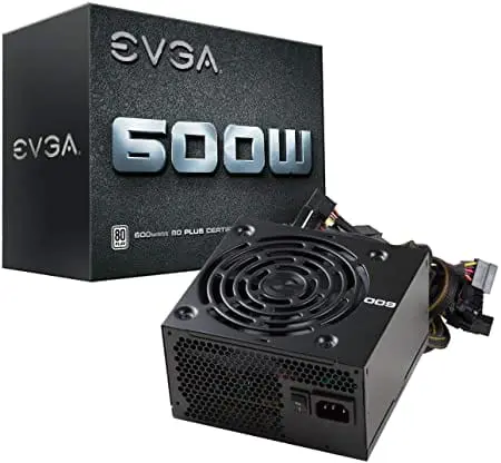 EVGA 600 W2, 80+ WHITE 600W power supply shown with product box and front view of unit displaying 600W label and fan