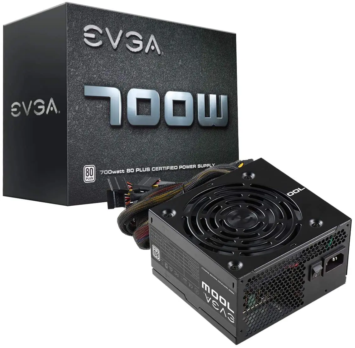 EVGA 700W 80+ Certified Power Supply with 12cm Fan, shown with packaging box and unit display including modular cables