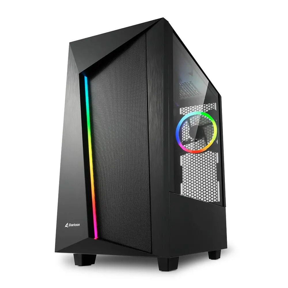 Sharkoon REV100 computer case front view with RGB LED lighting on left edge and front-mounted RGB fan with honeycomb mesh panels