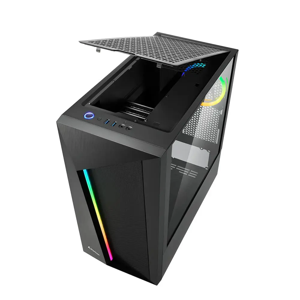 Sharkoon REV100 computer behuizing, perspectief aanzicht met open bovenkant, RGB-verlichting aan voorkant, mesh-panelen en interne componenten zichtbaar