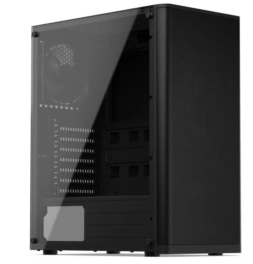 SilentiumPC Ventum VT2 TG front view showing black mid-tower case with tempered glass side panel, mesh front panel, and internal component layout with multiple drive bays