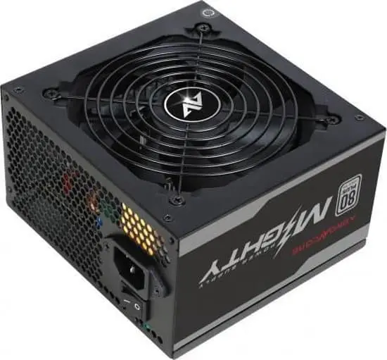 Abkoncore Mighty 600Watt power supply front view showing black metal casing with large cooling fan, perforated side panel, and power connectors