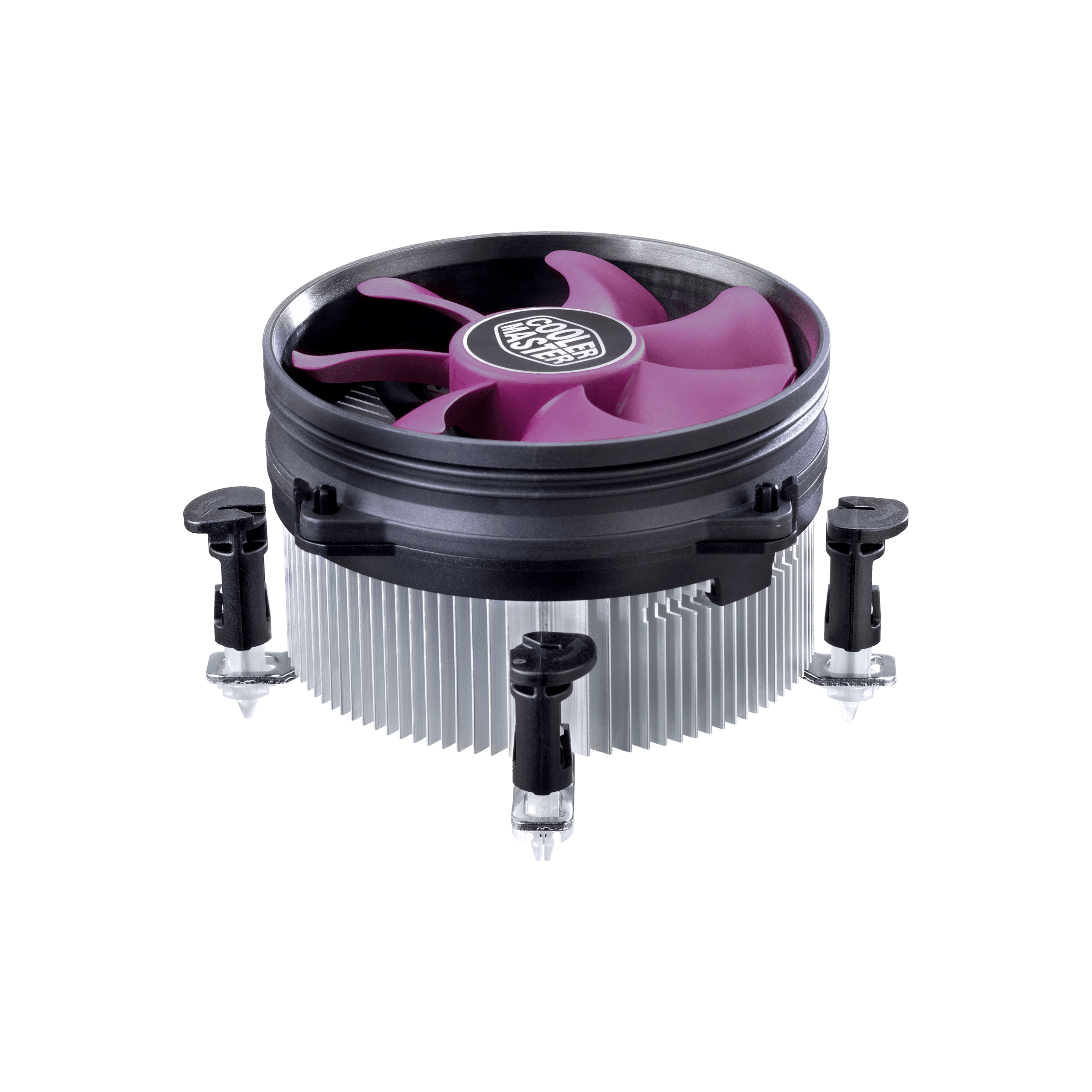 Coolermaster X Dream i117 CPU cooler front view showing purple fan blades with aluminum heatsink fins and mounting brackets