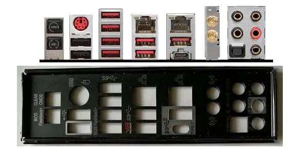 MSI X299 Xpower Gaming AC I/O-Shield - achterkant met aansluitingen voor USB, audio en netwerkpoorten