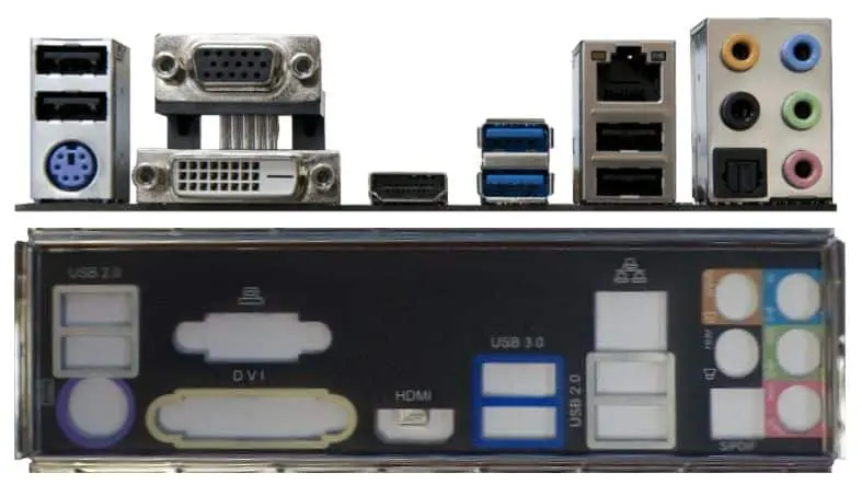 Asrock Z68 Pro3 I/O-Shield - achterkant met aansluitingen inclusief PS/2, D-Sub, DVI, HDMI, USB 3.0, USB 2.0 en audio-aansluitingen