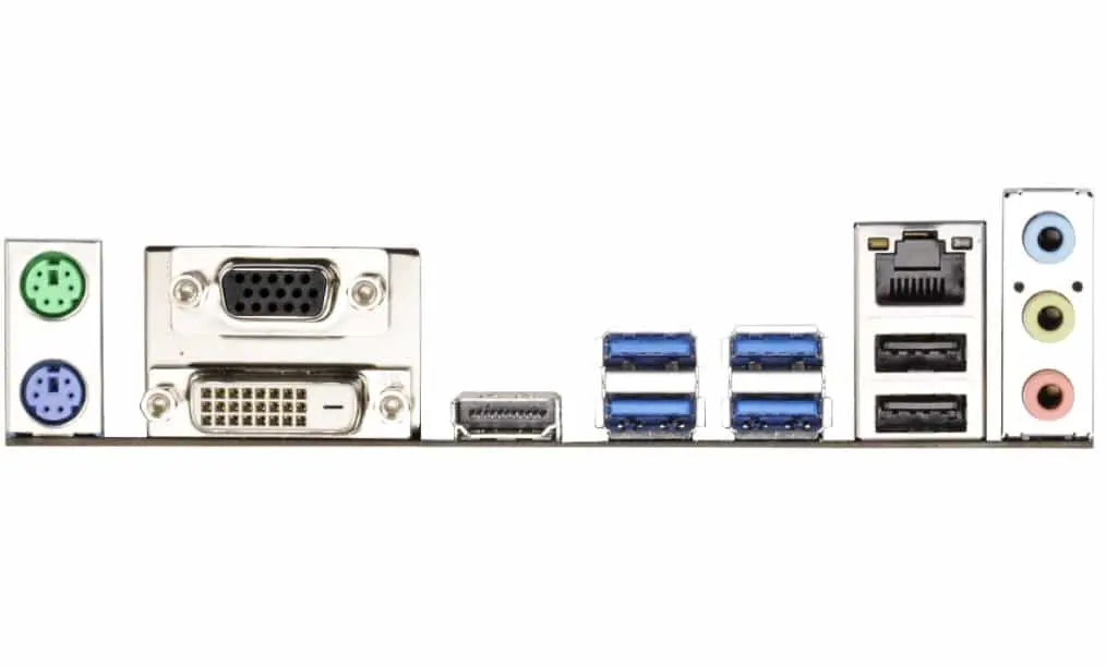 ASRock B75M I/O-Shield - achterkant met PS/2-aansluitingen, VGA- en DVI-poorten, HDMI-poorten, USB 3.0-poorten, USB 2.0-headers en audio-aansluitingen
