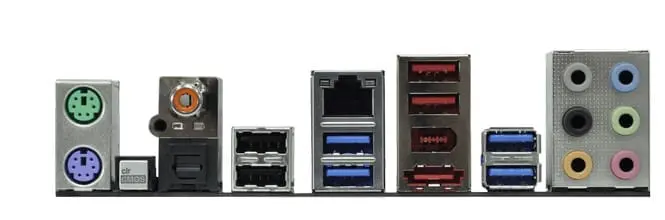 Asrock X58 Extreme6 I/O-Shield - achterkant met audio-aansluitingen, USB-poorten en netwerkaansluiting