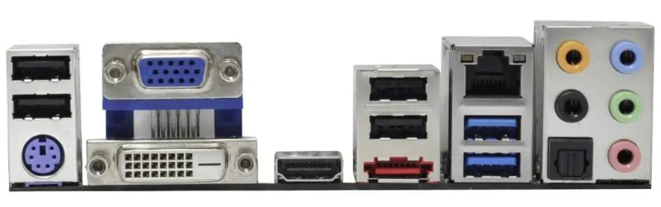 Asrock Z68M-ITX/HT I/O-Shield achteraanzicht met aansluitingen inclusief twee Ethernet-poorten, VGA en DVI-D videouitgangen, USB-poorten, SATA-aansluitingen, audio-aansluitingen en stroomconnectoren