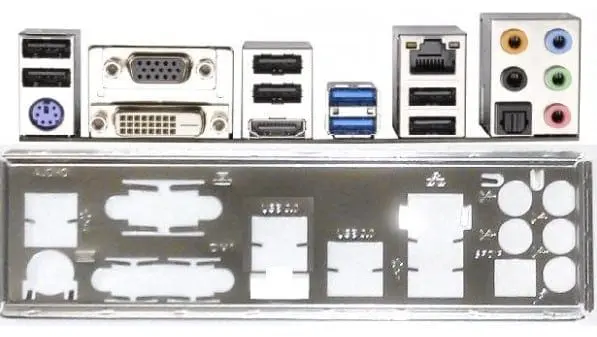 Asrock H77M I/O-Shield - achterplaat met uitsnijdingen voor diverse aansluitingen (VGA, DVI, HDMI, USB, audio) en bijgeleverde I/O-panelen met verschillende connectortypes bovenaan afgebeeld