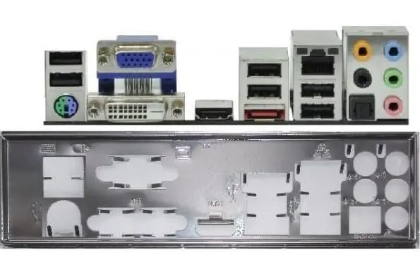 Asrock H77M-ITX I/O-Shield - voor- en achterkant met aansluitingen en I/O-poorten weergegeven