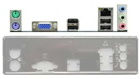 Asrock N68-VGS3 I/O-Shield achterkant met PS/2 poorten (groen/paars), VGA-aansluiting, USB-poorten en audiojacks (blauw/groen/roze)