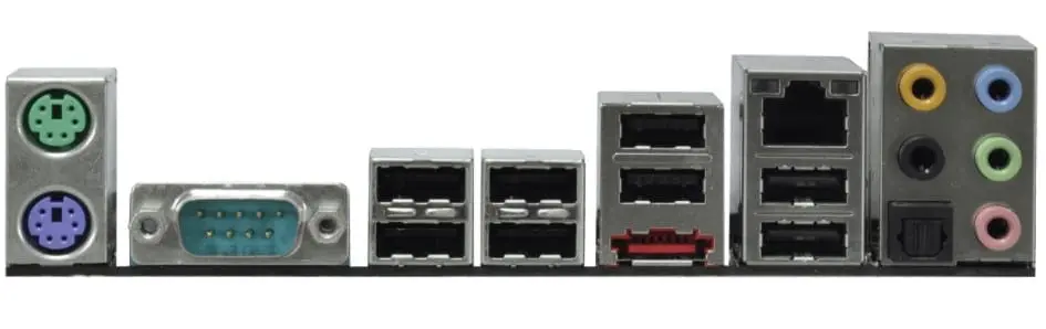 Asrock 870iCafe R2.0 I/O-Shield achteraanzicht met PS/2-aansluitingen, D-Sub connector, USB 2.0-poorten, USB 3.0-poorten, audiojacks en ventilatieopening