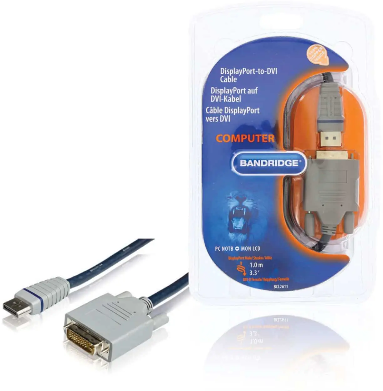 Displayport to DVI kabel - verpakking en losse kabel weergegeven, met DE connector aan DisplayPort-zijde en DVI-D connector, 1,0 m lengte, Bandridge-merk