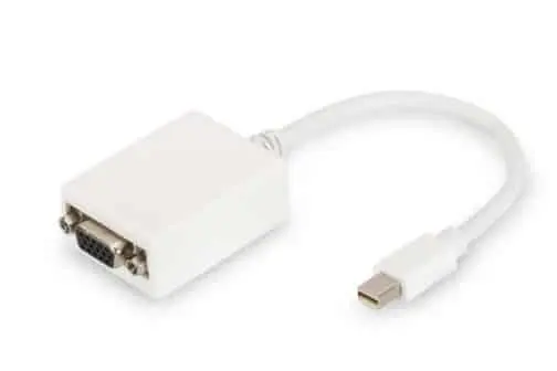 Digitus Mini Displayport naar VGA adapter met witte USB-C connector en VGA-uitgang, bovenaanzicht met kabel