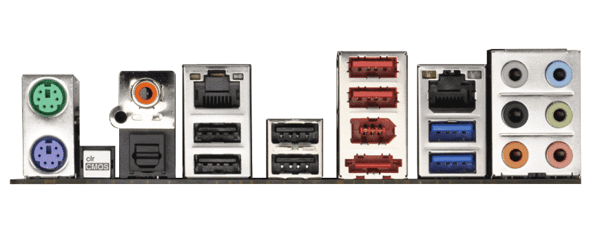 Asrock X79 Extreme7 I/O-Shield achterkant met PS/2-poorten, USB-poorten, Ethernet-aansluiting en audio-aansluitingen