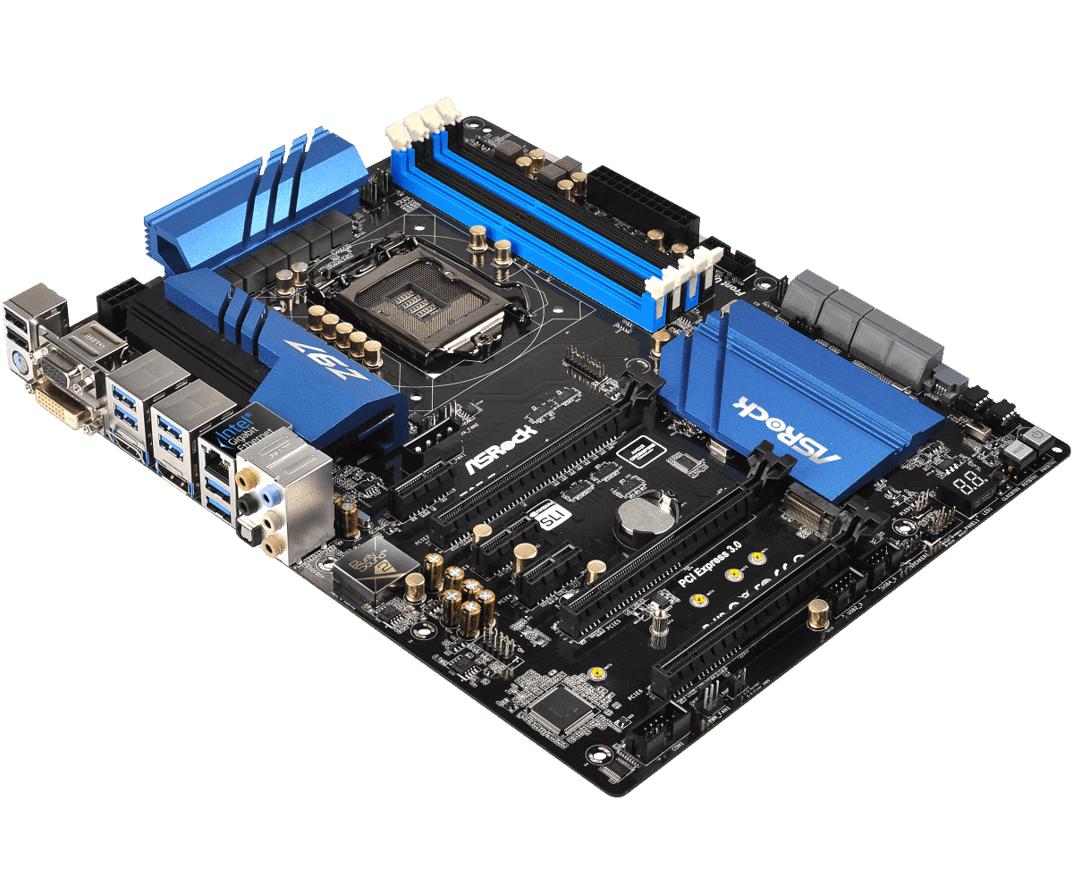 Intel Core-i7 4770 Upgrade: moederbord bovenaanzicht met blauwe RAM-geheugen modules, CPU-socket, uitbreidingssloten en I/O-poorten zichtbaar