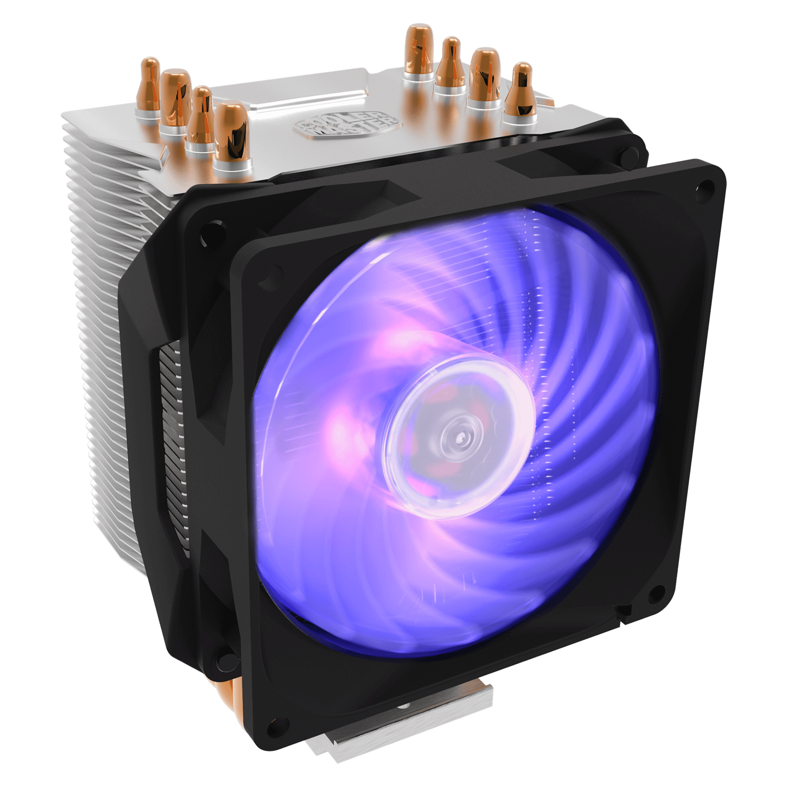 Cooler Master HYPER H410R RGB CPU cooler with illuminated purple RGB fan, aluminum fins, and copper heat pipes, front three-quarter view