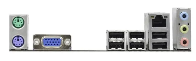 Asrock H61M-VS I/O-Shield achterkant met PS/2 poorten, VGA-aansluiting, USB-poorten en audio-aansluitingen