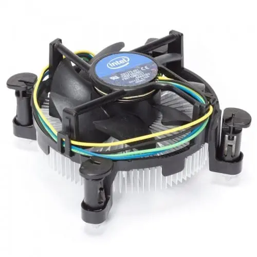 Intel Core-i7 4770 Upgrade stock cooler with blue Intel fan label, black plastic mounting bracket, aluminum heatsink fins, and yellow-blue-green power cables, front view