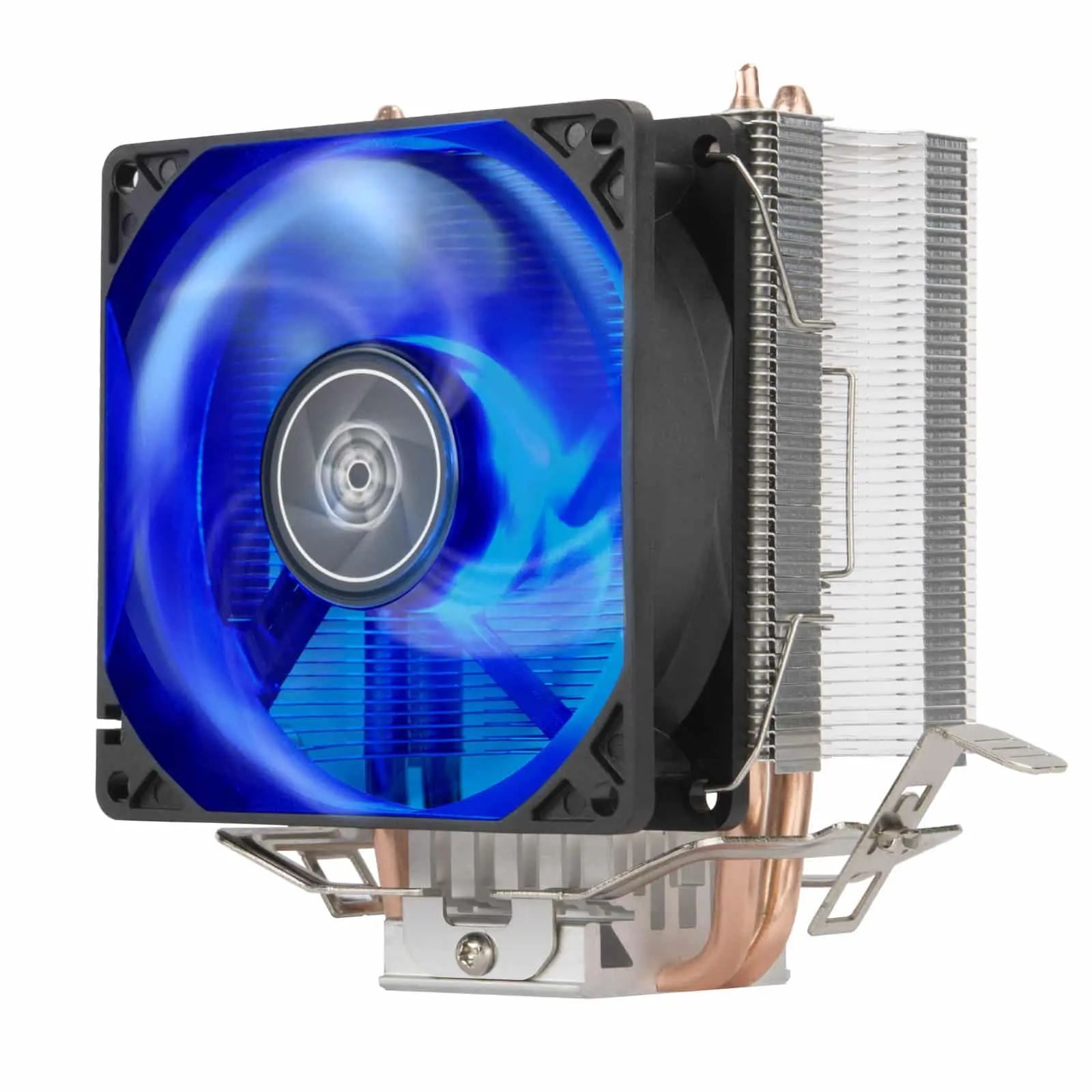 SilverStone SST-KR03 CPU cooler front view showing illuminated blue LED fan and aluminum heatsink with copper heat pipes