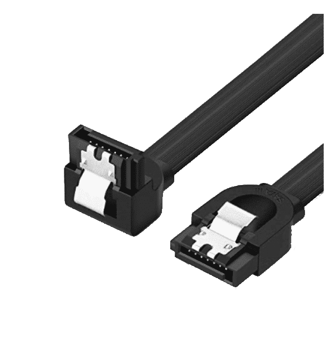 SATA kabel haaks 6GB/s Zwart - 40cm, detailfoto van beide connectoren met haakse stekkers en zwarte kabel