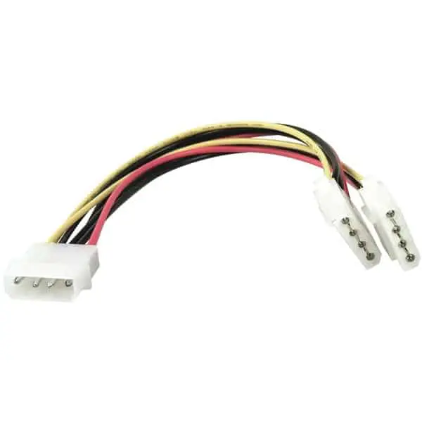 Stroomadapter 4-Pin Molex naar 2x 4-Pin Molex, volledig geassembleerde kabel met geel, zwart, rood en wit draad