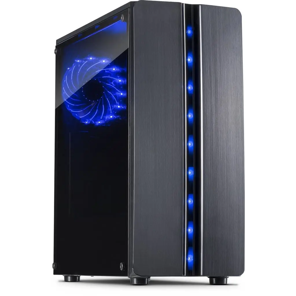 Inter-Tech Thunder PC-behuizing voorkant met zwart metalen chassis, glazen zijpaneel, blauwe LED-ventilator en blauwe LED-strips aan de zijkant
