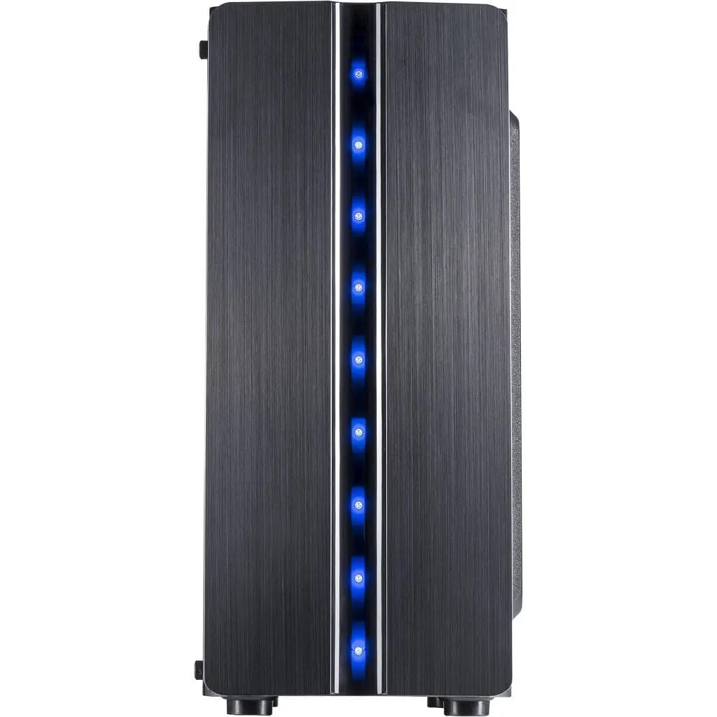 Inter-Tech Thunder behuizing vooraanzicht met verticale blauwe LED-verlichting in het middenvenster