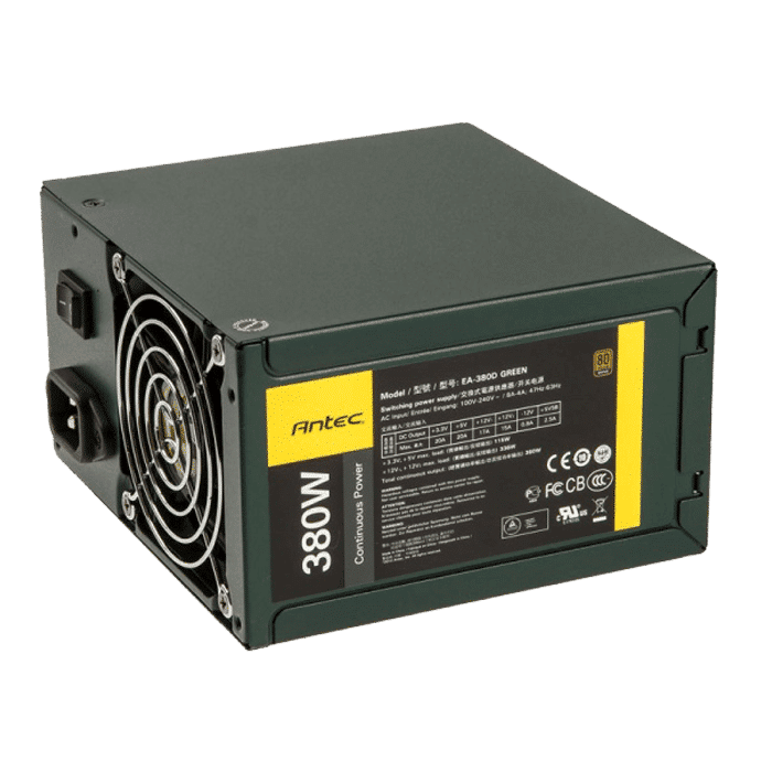 Antec EA-380D 380W power supply unit, isometric view showing front panel with yellow and black branding, cooling fan, and specifications label