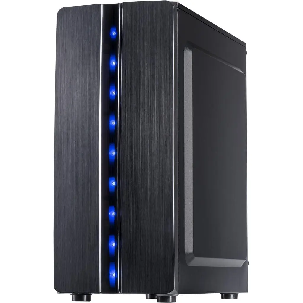 Inter-Tech Thunder computerbehuizing voorkant met zwarte getextureerde panelen, witte accent strips, blauw verlichte ventilators langs de centrale opening en getinte zijpaneel