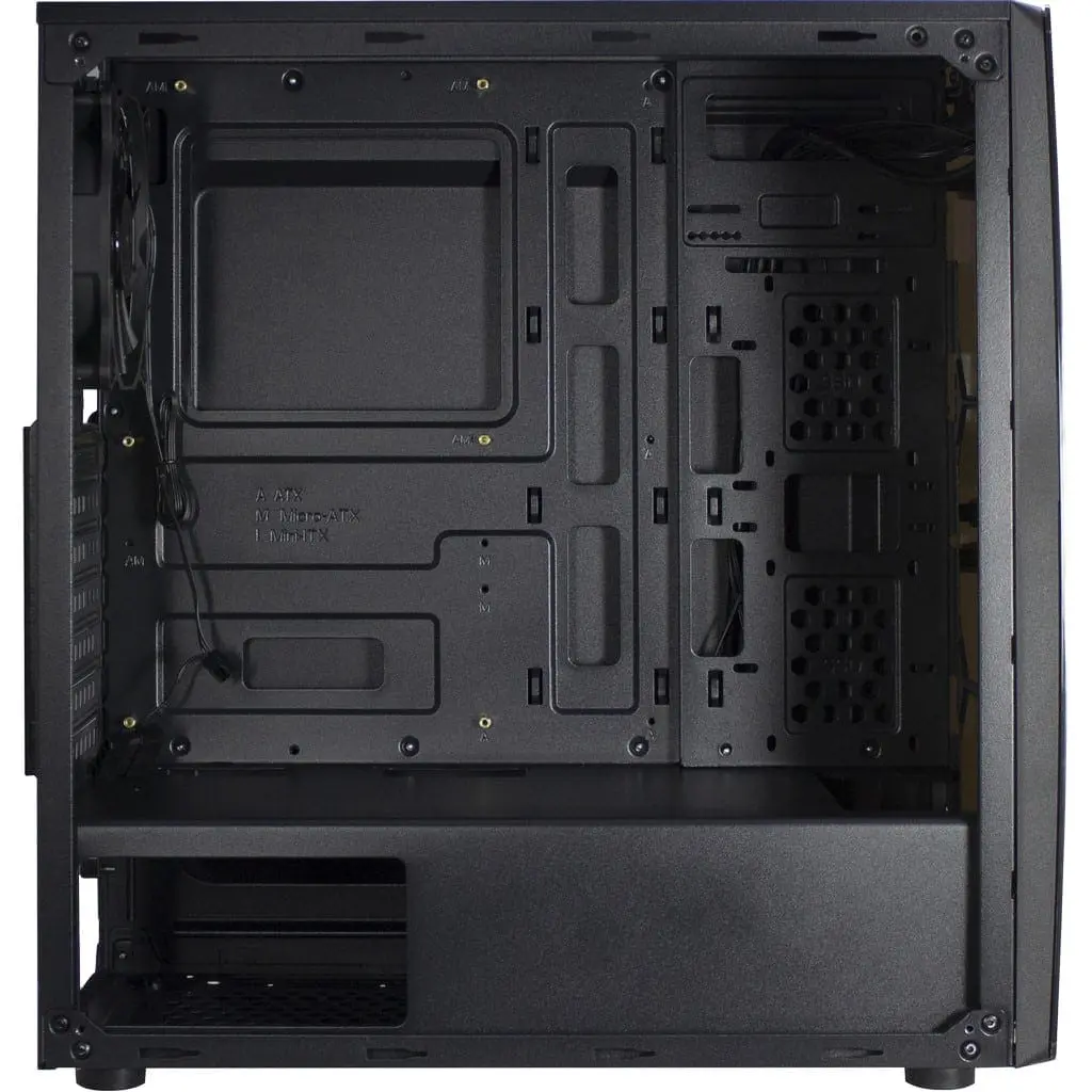 Inter-Tech Thunder PC-behuizing, binnenkant met zijpaneel open, toont lege schachten voor motherboard, voedingseenheid en koeling