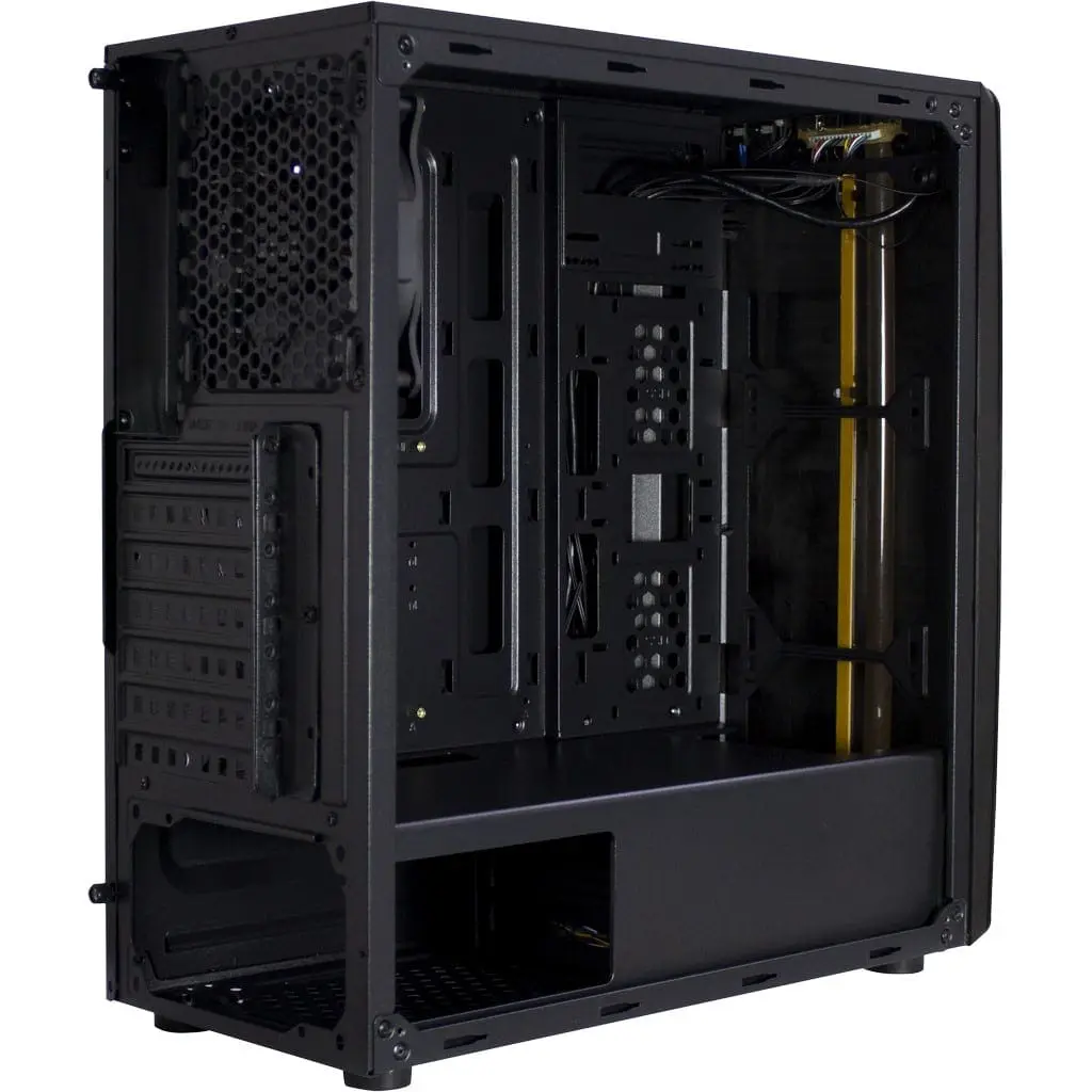 Inter-Tech Thunder behuizing, binnenkant met open zijpaneel, showing motherboard-montageplaats, stroomvoorziening, gele kabelgeleiding en interne componentlay-out