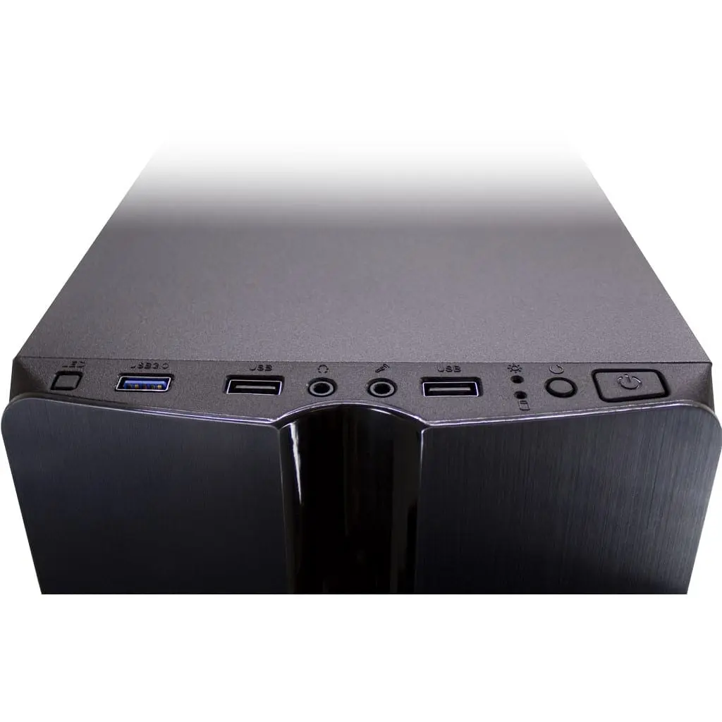 Inter-Tech Thunder behuizing - bovenaanzicht met frontpaneel met USB-poorten, audio-aansluitingen en power-knop