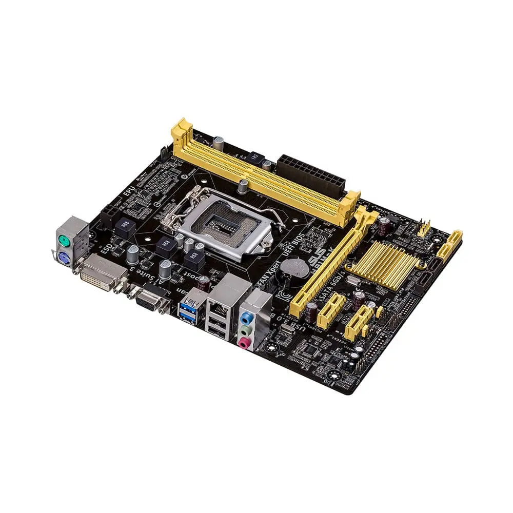 Asus H81M-K LGA1150 motherboard angled top-down view showing gold PCI Express slots, CPU socket, power connectors, and rear I/O ports including audio and USB headers
