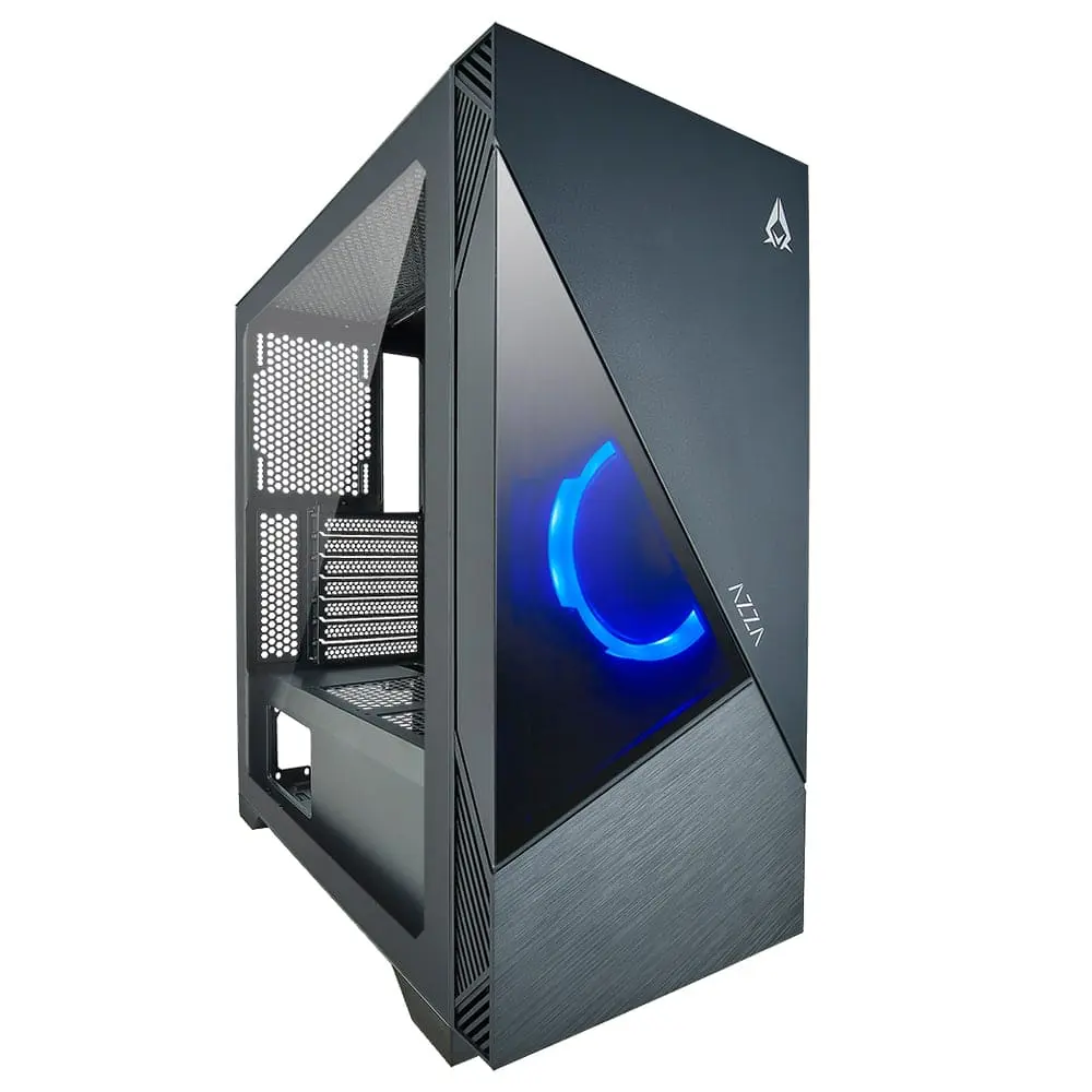 Azza Eclipse 440 front view showing dark gray tower case with tempered glass front panel, illuminated blue circular fan design, hexagonal mesh ventilation on left side, and angular geometric styling with brand logo