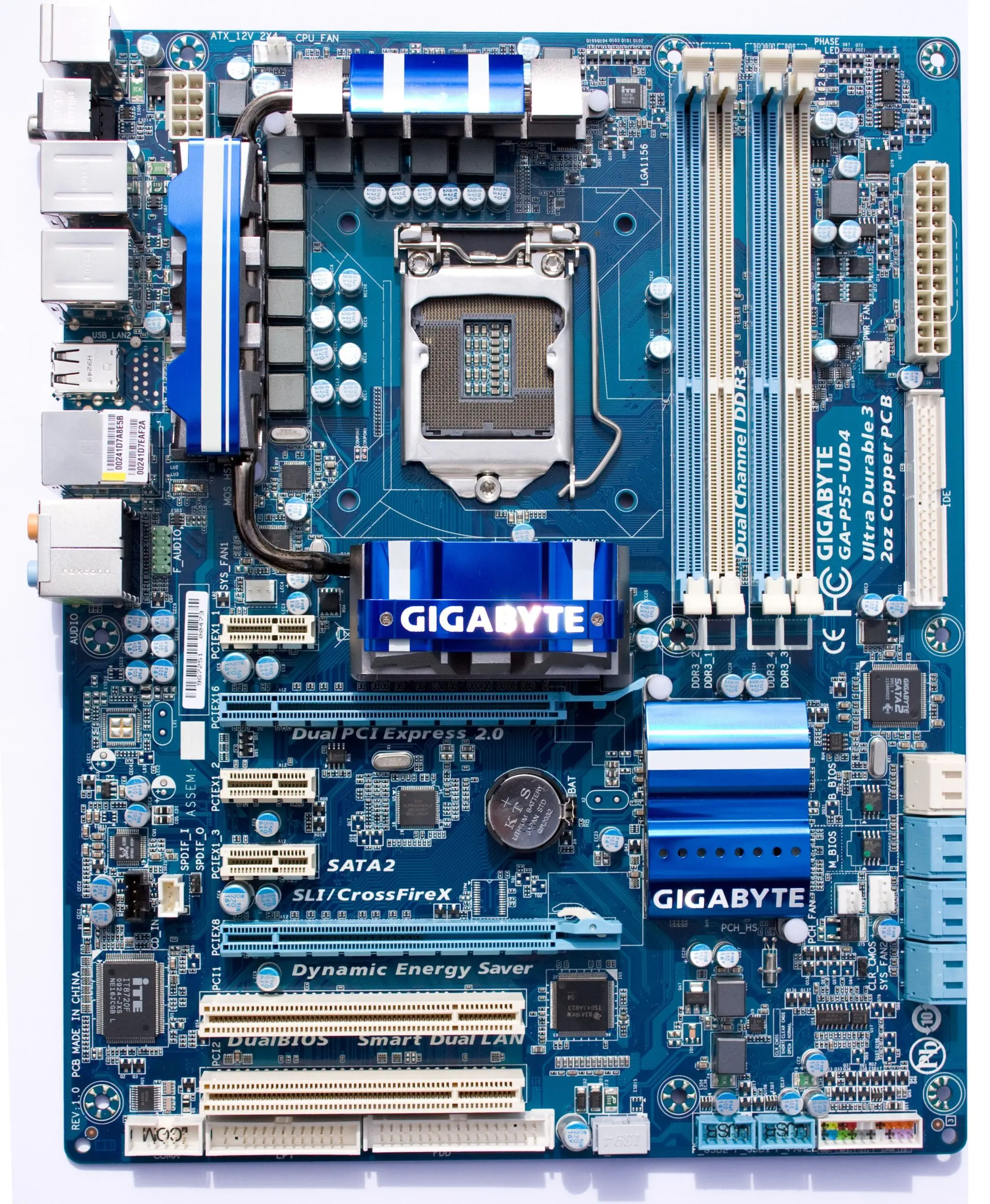 Gigabyte GA-P55-UD5 motherboard top view showing LGA1156 socket, memory slots, power connectors, and expansion slots