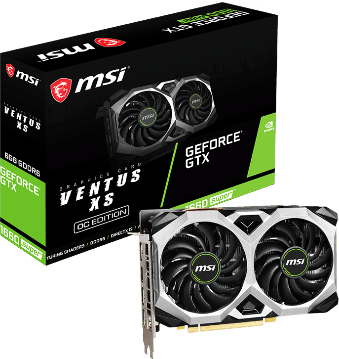 MSI GeForce GTX 1660 SUPER VENTUS XS OC 6G grafische kaart met verpakking, frontaanzicht met dual-fan koelsysteem en witte/zwarte afwerking zichtbaar