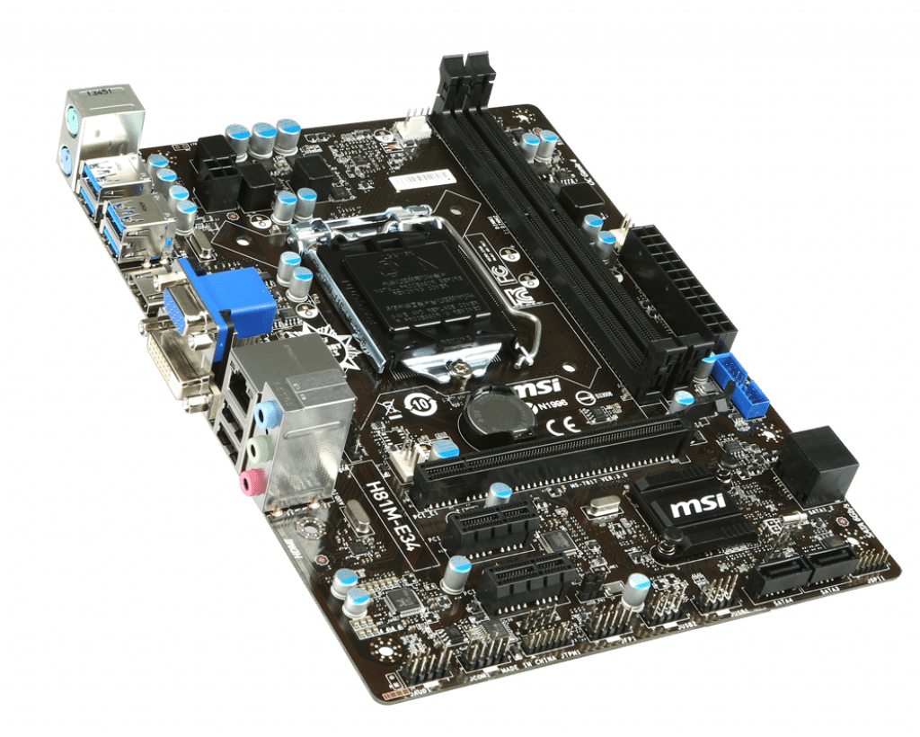 MSI H81M-E34 LGA1150 motherboard angled top view showing CPU socket, RAM slots, capacitors, connectors, and I/O ports