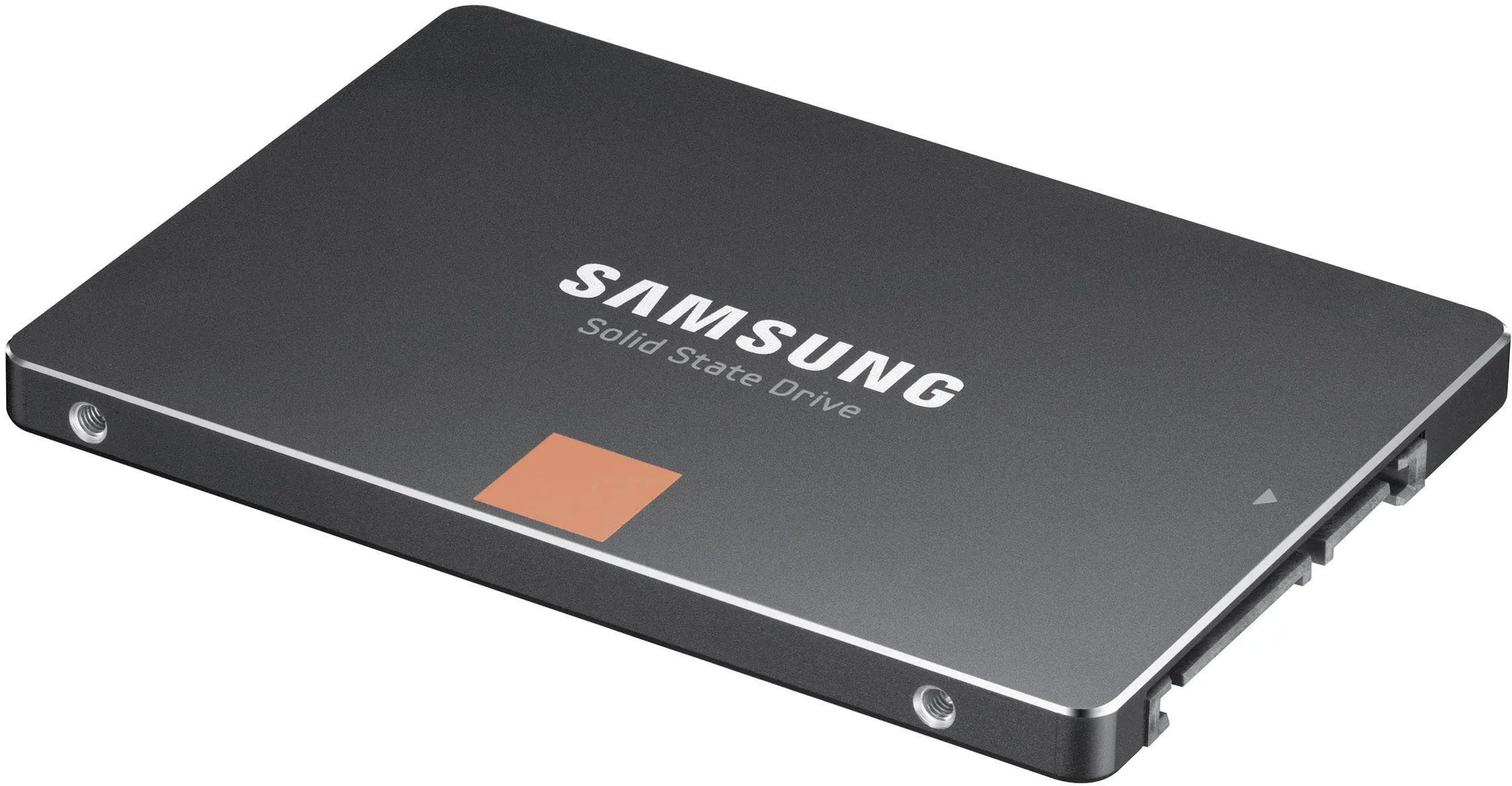 Samsung 840 120GB Solid State Drive, angled top view showing dark gray casing with orange accent square and SATA connector port on right side