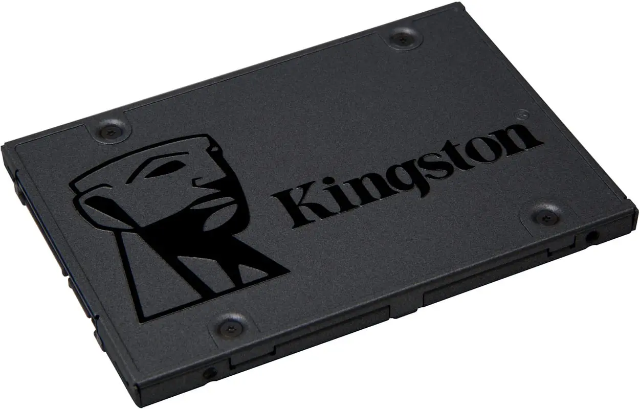 Kingston A400 2.5" 120GB SSD top view showing black metal casing with Kingston logo and lion emblem
