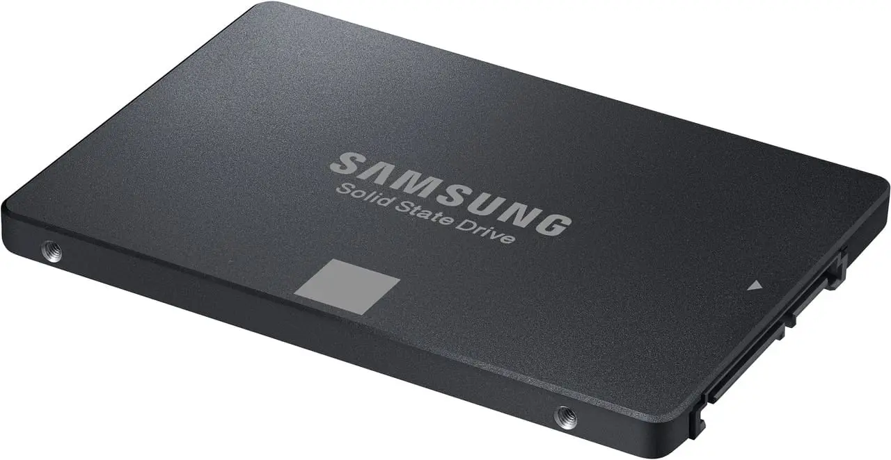 Samsung 850 120GB Solid State Drive, top view showing black anodized aluminum casing with Samsung logo and branding