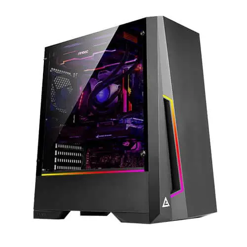 Gaming PC met Core i7-9700F, GTX1660S, 480GB m.2 SSD, 16GB DDR4 en Win10 - voorkant met RGB verlichting en tempered glass zijpaneel