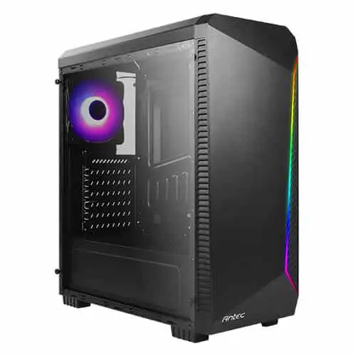 Antec NX220 mid-tower gaming case front view with RGB lighting on front fan and side panel