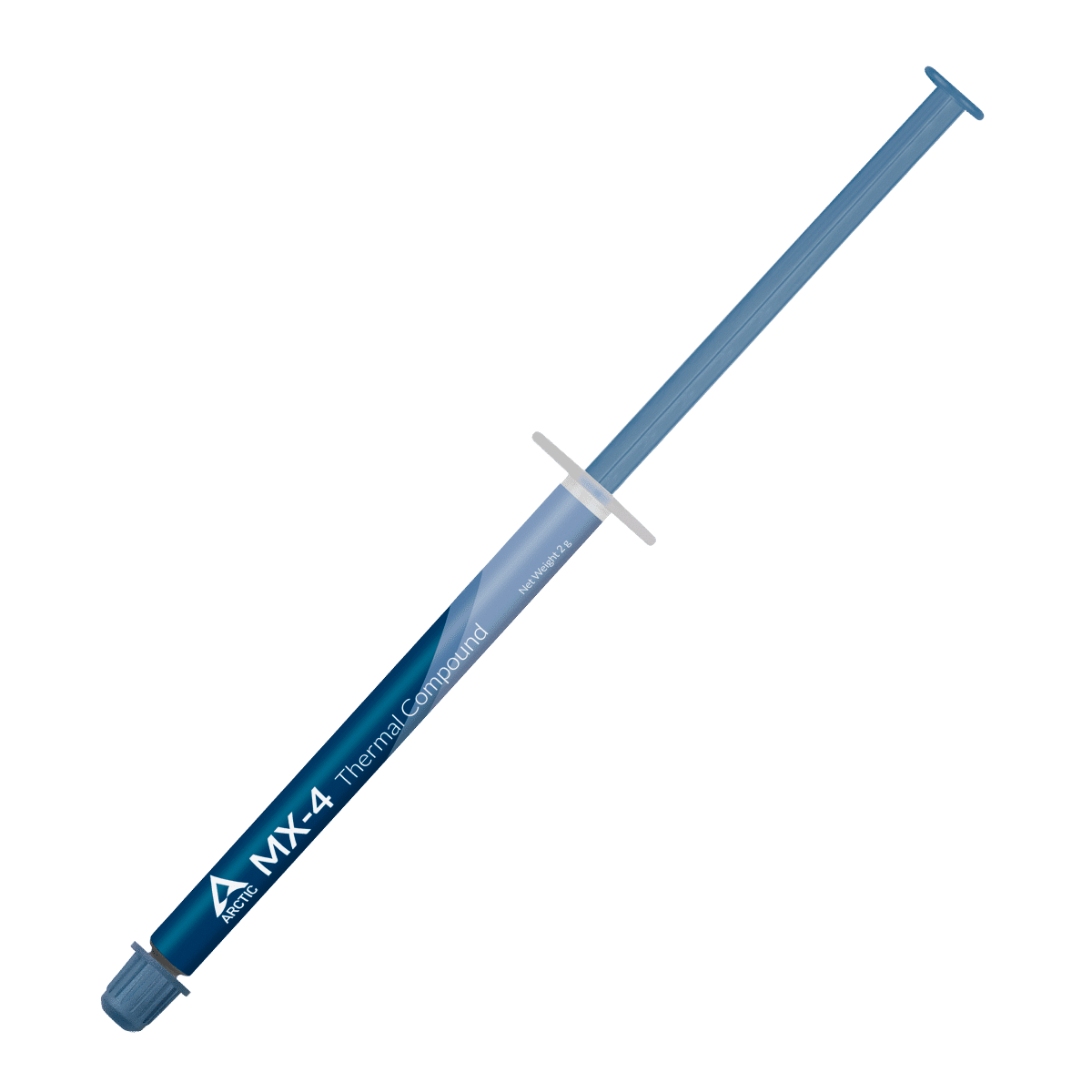 ARCTIC MX-4 koelpasta (2 gr.) in spuit met grijze zuiger en blauwe cilinder, aanzicht van voor met zichtbare etiket en doseeraanwijzing