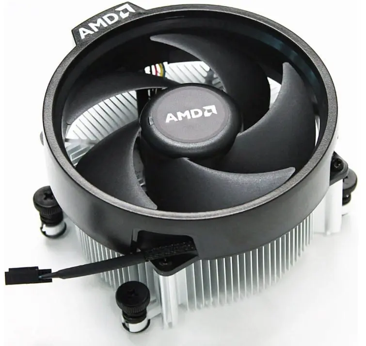 AMD Stock Cooler top view showing black fan shroud with AMD branding, aluminum heatsink fins, and attached power cable